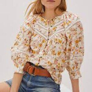 ANTHROPOLOGIE Harmony Blouse Lace Peasant Cottagecore Floral 100% Cotton Large